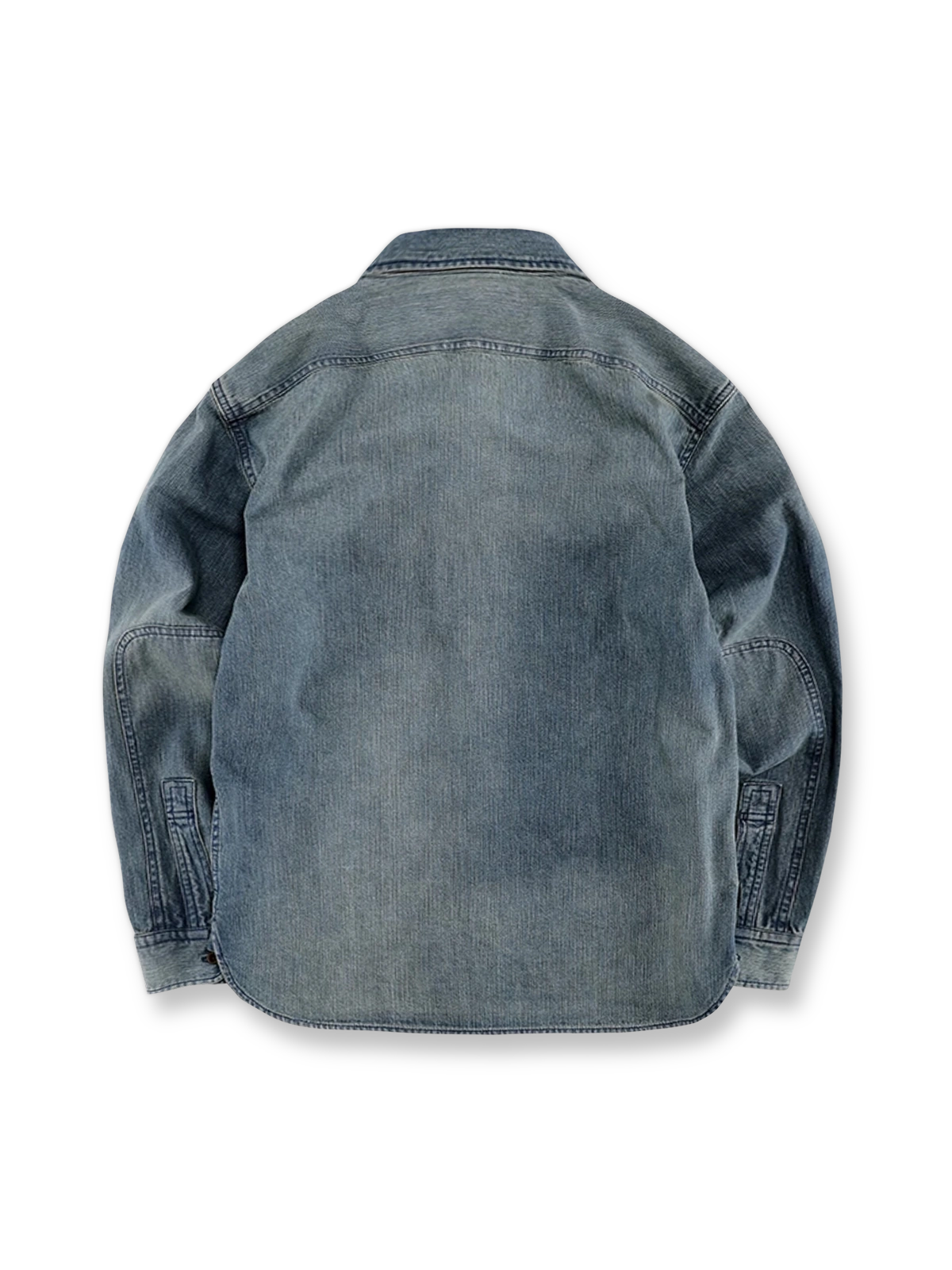 製品画像: アメカジヴィンテージ重ねて洗いをかけたデニムワークシャツの全体像
詳細画像: シャツの焼き角ボタンと胸ポケットのディテール