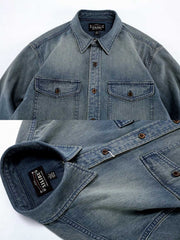 製品画像: アメカジヴィンテージ重ねて洗いをかけたデニムワークシャツの全体像
詳細画像: シャツの焼き角ボタンと胸ポケットのディテール