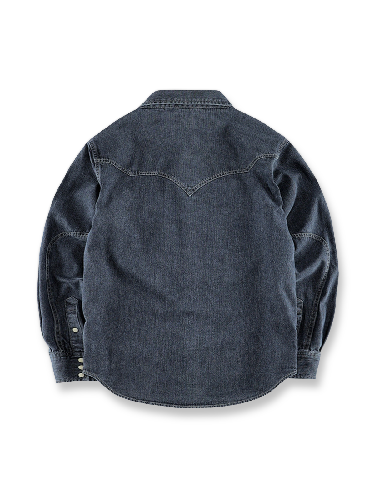 製品画像：ウエスタン風デザインの月牙型ポケット付きデニムシャツ
詳細画像：月牙型ポケットと石風スナップボタンのヴィンテージディテール