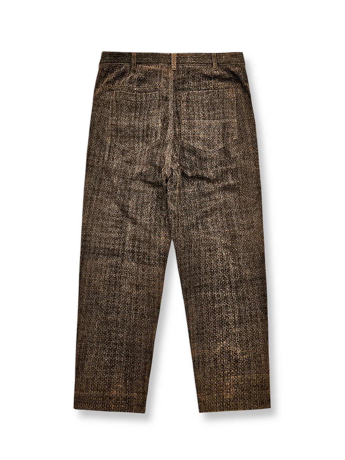 製品画像：タッサーシルク100% ヴィンテージ加工 テーパードパンツ（古銅色）の正面
詳細画像：ヴィンテージ加工が施されたタッサーシルクパンツのムラ感のディテール