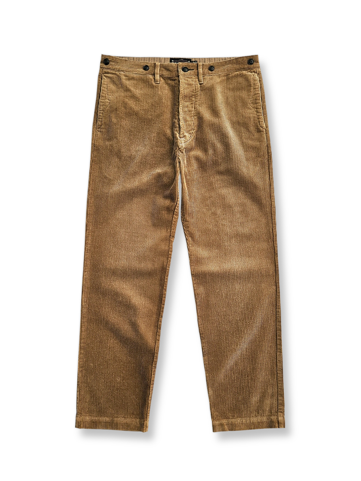 製品画像: ヴィンテージコーデュロイストレートパンツの全体画像
詳細画像: 天然牛角ボタンとコーデュロイの縞模様のディテール