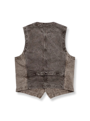製品画像：ヴィンテージ加工を施した全コットン製アメカジワークベスト
詳細画像：ポケットディテールと水洗い抜染加工によるヴィンテージ風の質感
