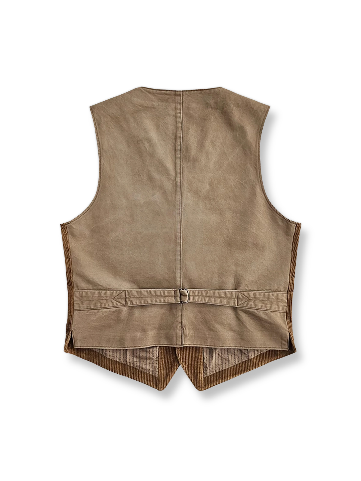 製品画像：ヴィンテージ感あふれるコーデュロイスリムフィットベストの正面
詳細画像：天然牛角ボタンとコーデュロイの水洗い加工による質感ディテール