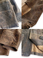 製品画像: 希少な植物染め香云纱を使用したピースワークデザインジャケットの全体写真。ヴィンテージ風の高級感が特徴。
詳細画像: 香云纱の滑らかな質感とピースワークディテールを際立たせたクローズアップ写真。伝統工芸と現代デザインの融合を表現。