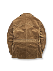 製品画像：アメリカンヴィンテージ風コーデュロイハンティングジャケットの正面展示。テーラードシルエットとコーデュロイ素材がエレガントでありながらタフな印象を演出。

詳細画像：天然のバッファローホーンボタンと英国風チェック柄裏地のディテール展示。クラシックな雰囲気と独特の質感が魅力。