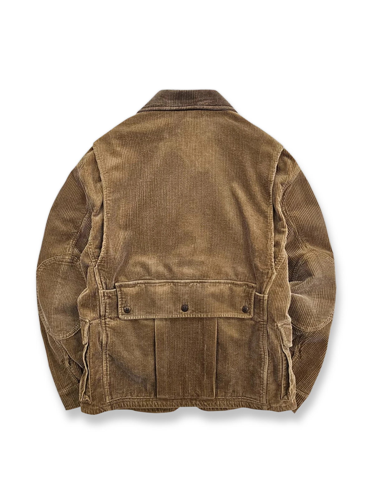 製品画像：ウエスタン風ハンティングジャケットの正面展示。コーデュロイ素材とウォッシュ加工によるヴィンテージ感が特徴。
詳細画像：果実ボタンと多ポケットのディテールをクローズアップ。実用性とデザイン性が調和したジャケットのディテール。