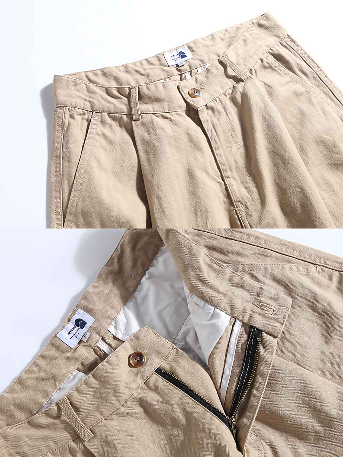 詳細画像: ヘリンボーンのディテールとパンツの裾デザインの特写