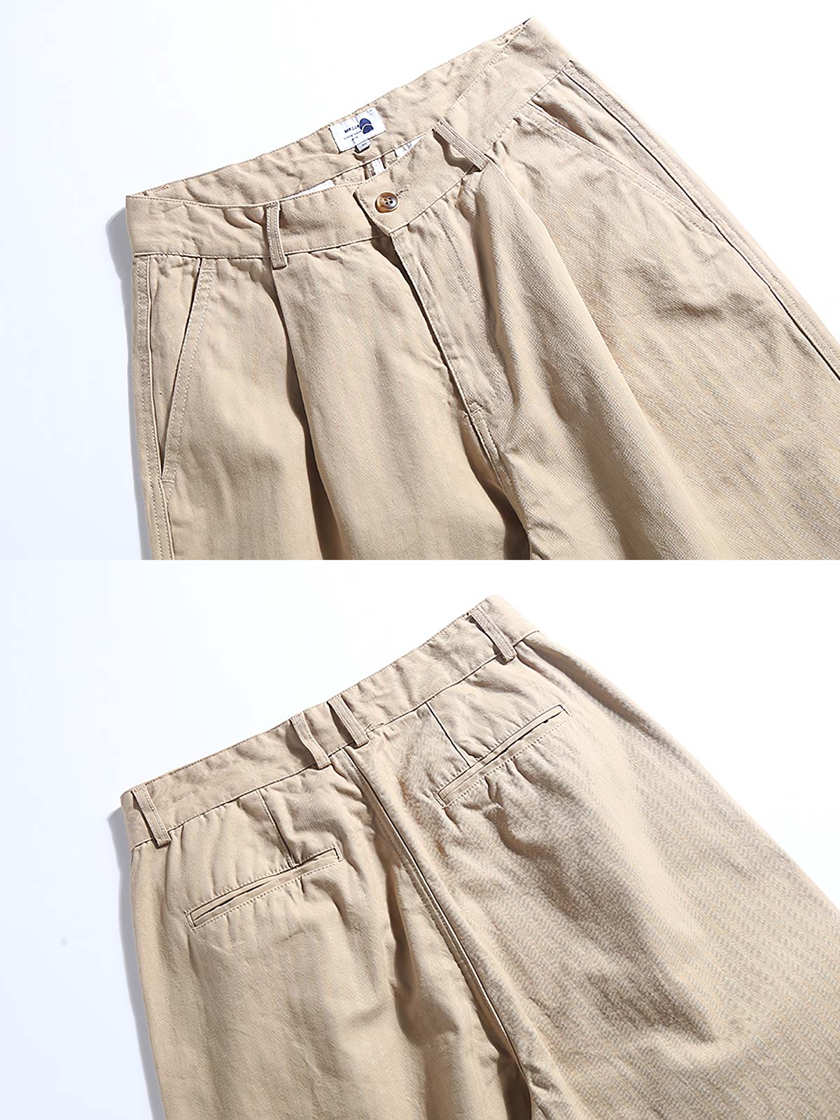 詳細画像: ヘリンボーンのディテールとパンツの裾デザインの特写