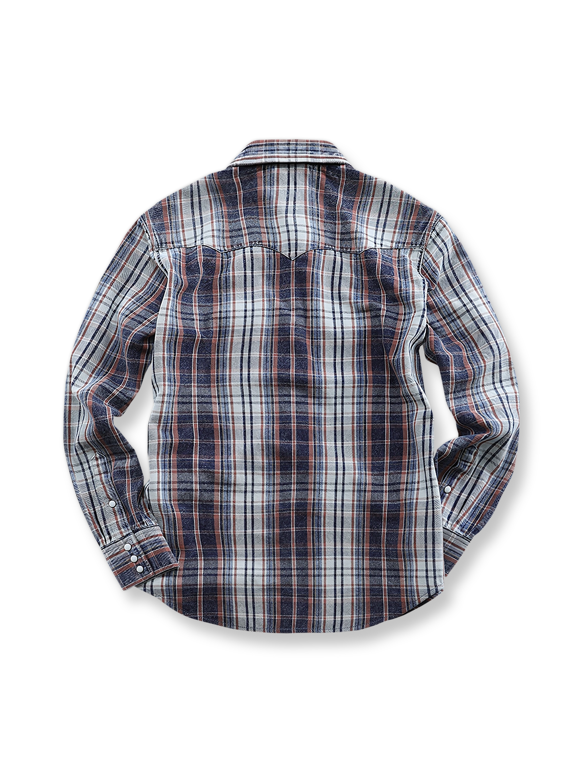 アメリカンクラシック・ビンテージウォッシュ・コットン・チェック・ツイル・ウェスタンシャツ全体を展示、その特徴的なチェックデザインとスタイルが強調されています。