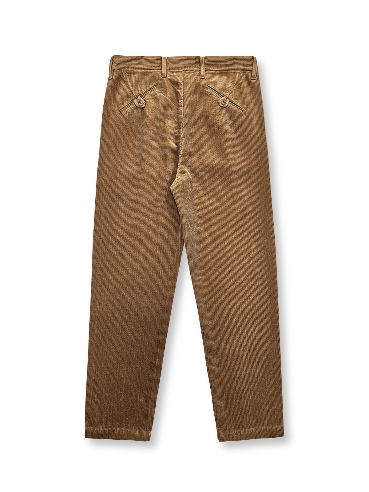 製品画像：アメリカンレトロスタイルのコーデュロイシングルプリーツロングパンツの正面図。クラシックで快適なデザインが特徴。
詳細画像：果実ボタンのユニークなディテールと、コーデュロイ素材の柔らかなテクスチャーを強調したクローズアップ画像。