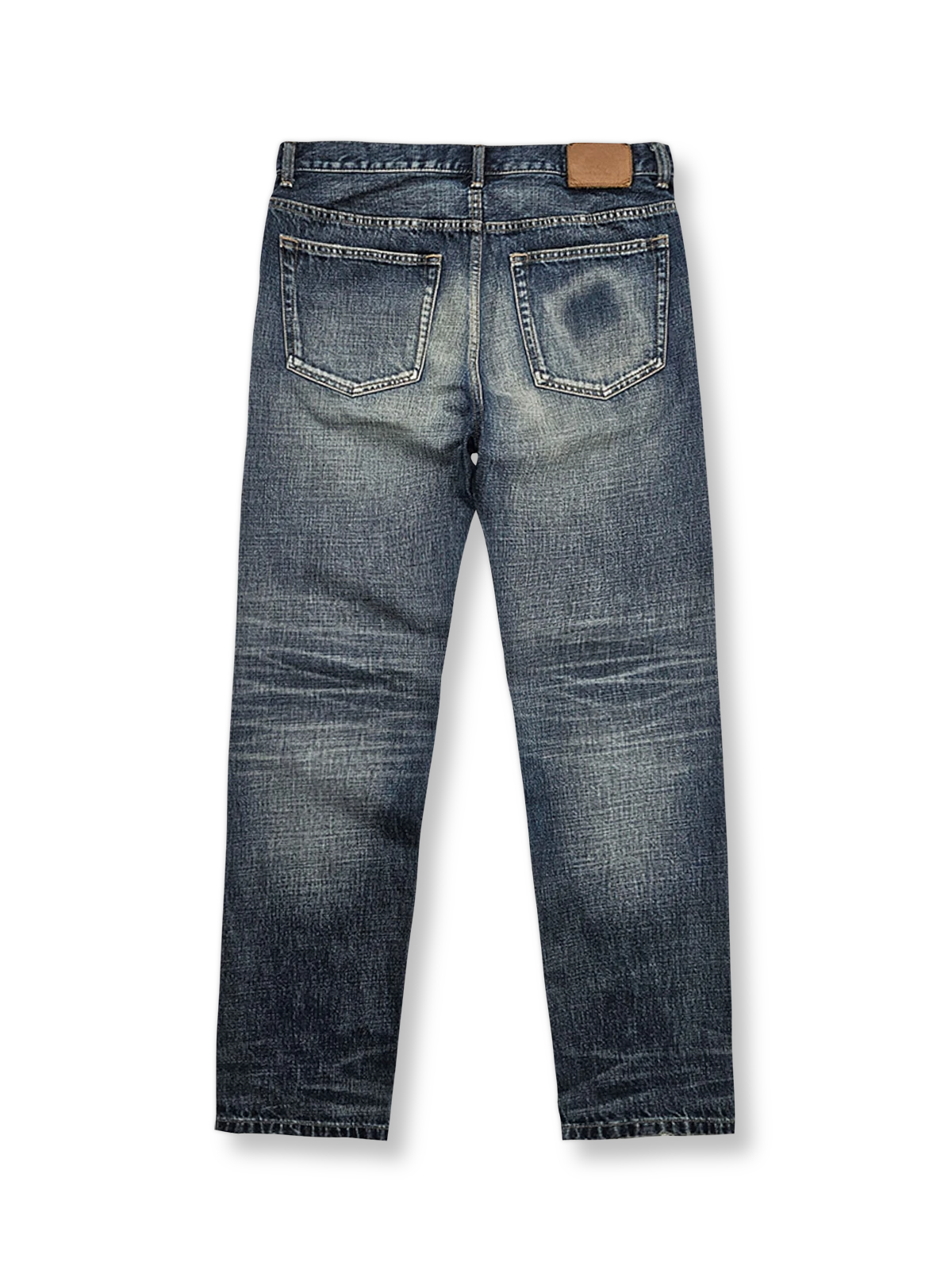 製品画像：アメカジ風の抜染加工ストレートデニムパンツの正面展示。100%コットン素材で、ウォッシュ加工と自然なヒゲデザインが特徴のヴィンテージスタイルのデニムパンツ。

詳細画像：抜染加工による色落ちと、クラシックなアメカジ風のヒゲデザインのディテールをクローズアップ。日系デニムの高い耐久性と美しい経年変化を表現。