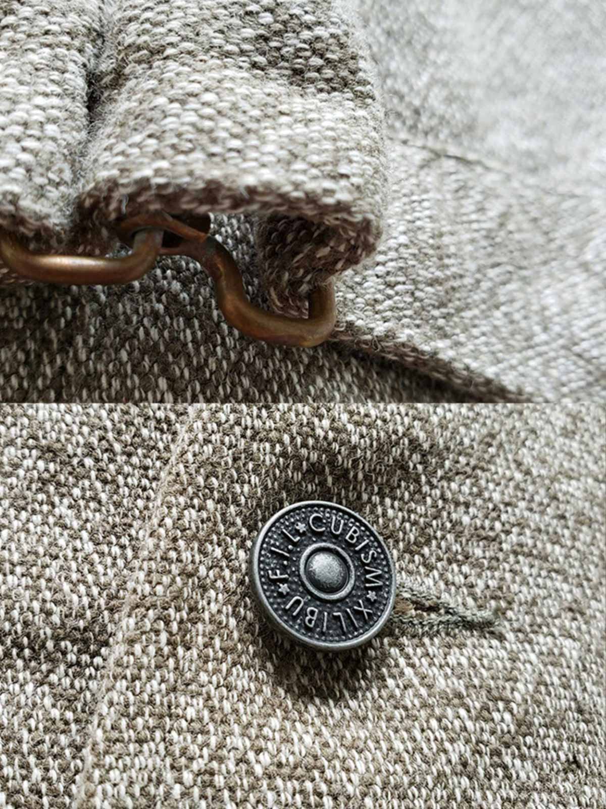 ディテールクローズアップ：ペッパーソルトベストの織りテクスチャと多機能ポケット、滑らかな内側仕様