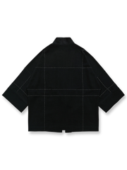 刺し子刺繍チェック柄リネン七分袖はんてん