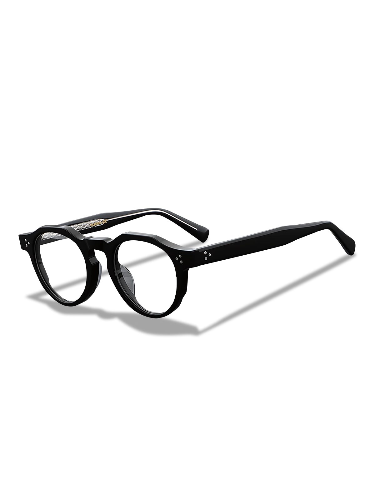 メガネのキーホールブリッジとテンプルのディテール特写