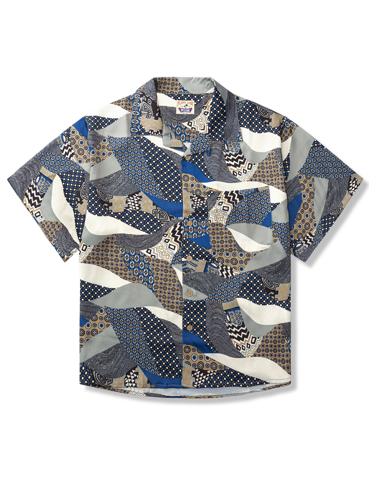 青い パッチワーク柄 アロハシャツ