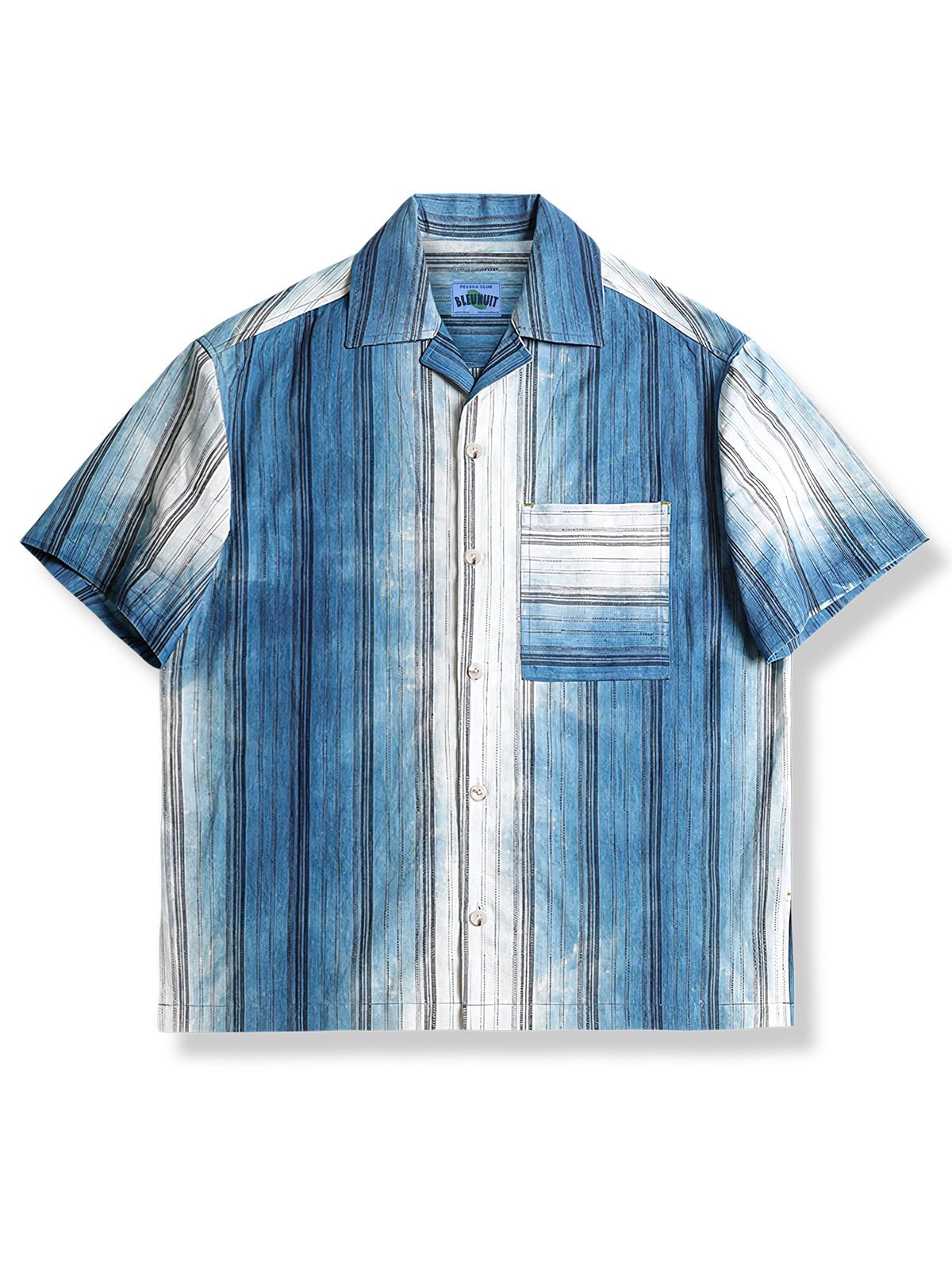 藍染グラデーション ストライプ綿麻半袖シャツ