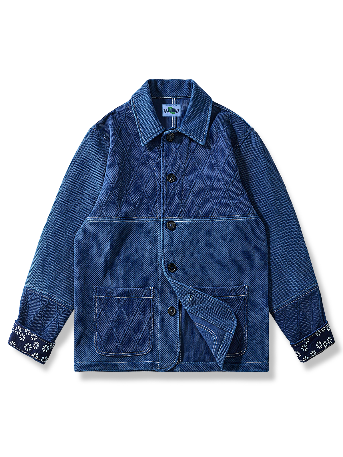 袖裏花柄 藍染刺し子フレンチワークジャケット