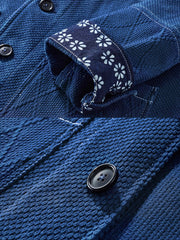 袖裏花柄 藍染刺し子フレンチワークジャケット