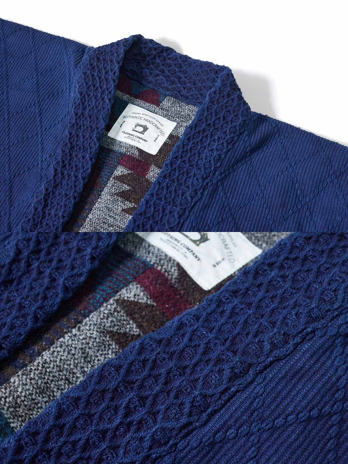 製品画像：
手作り藍染と刺子技法を融合したレトロなデザインのはんてん。伝統的な刺子生地に藍染めの手作業による色彩グラデーションが特徴で、優れた保温性を持つ550gのヘビーウェイト素材。

詳細画像：
藍染めと刺子技法で仕上げられたディテール。民族風の幾何学模様の内衬や、ボタンレスのシンプルなデザインが特徴。重ね着に最適なゆったりシルエット。