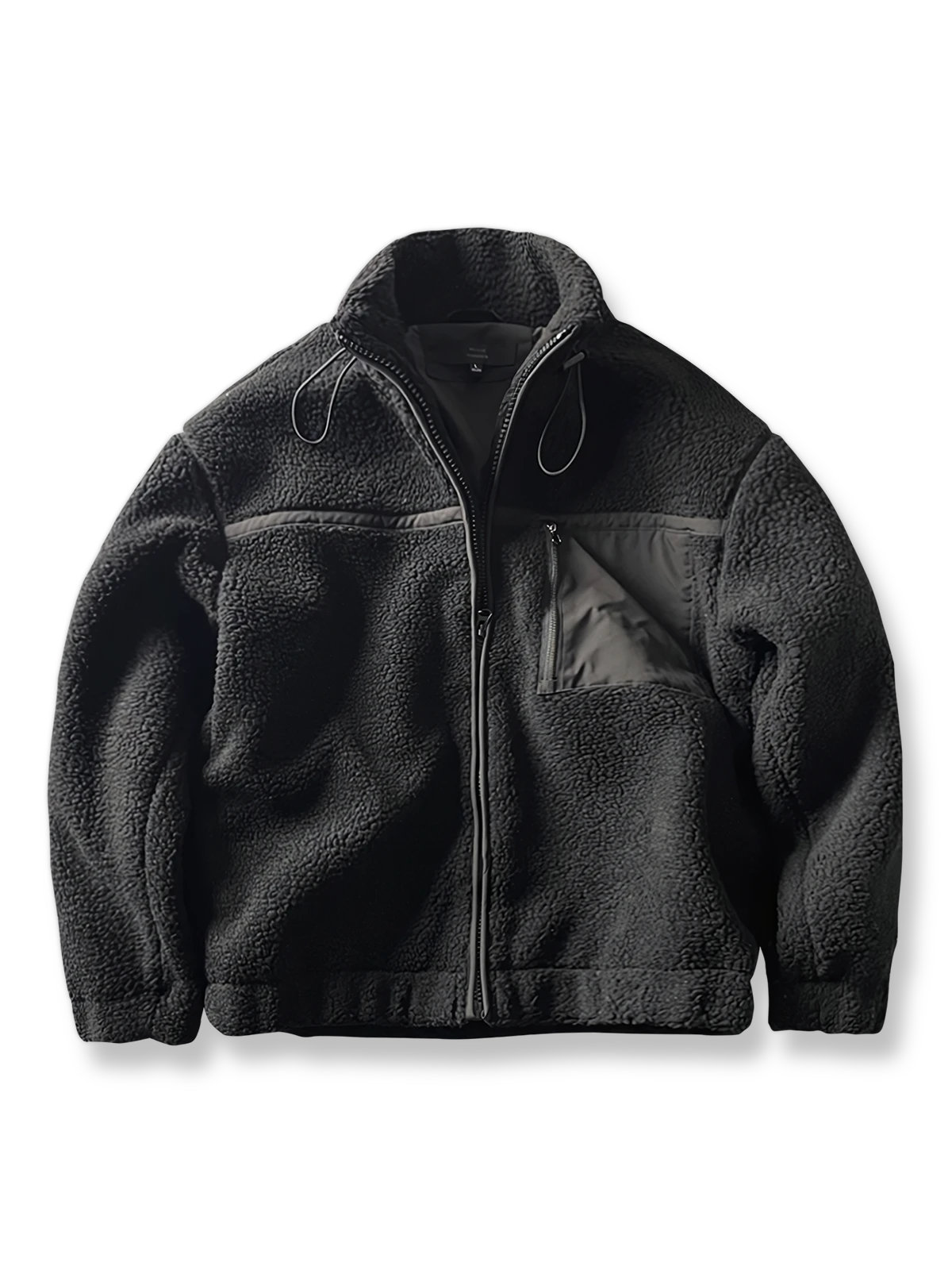 製品画像: ボアフリーススタンドカラージャケットの全体画像、アウトドアやカジュアルスタイルに対応。
詳細画像: 胸元ジッパーポケットのディテール画像、実用性とデザイン性を強調。