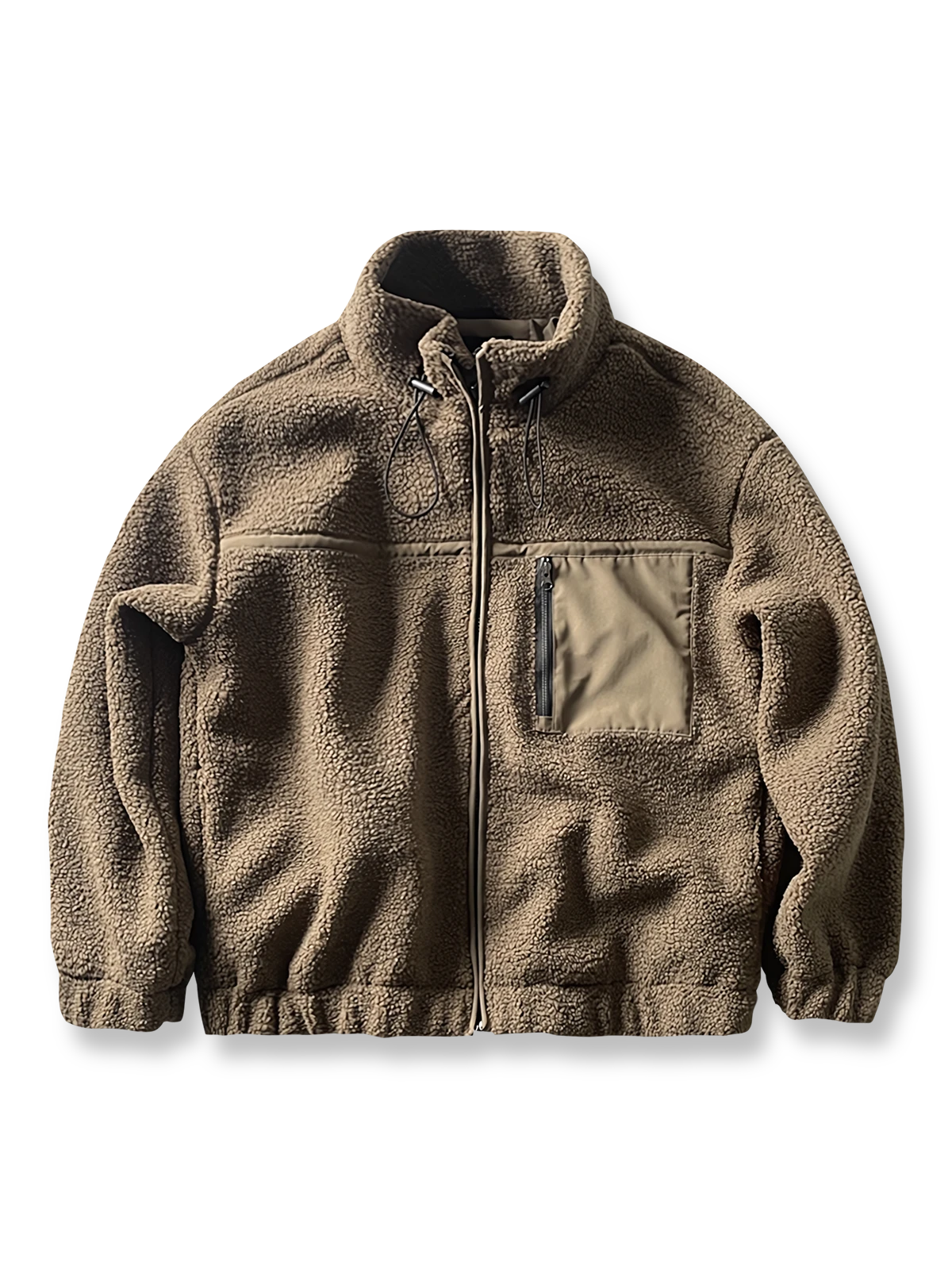 製品画像: ボアフリーススタンドカラージャケットの全体画像、アウトドアやカジュアルスタイルに対応。
詳細画像: 胸元ジッパーポケットのディテール画像、実用性とデザイン性を強調。