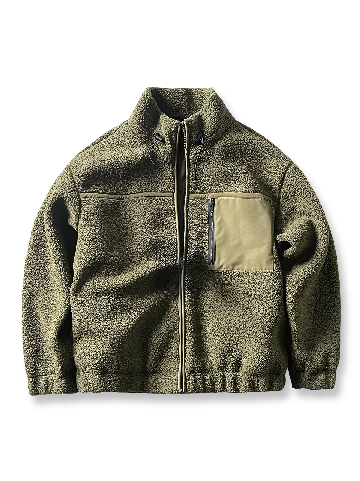 製品画像: ボアフリーススタンドカラージャケットの全体画像、アウトドアやカジュアルスタイルに対応。
詳細画像: 胸元ジッパーポケットのディテール画像、実用性とデザイン性を強調。