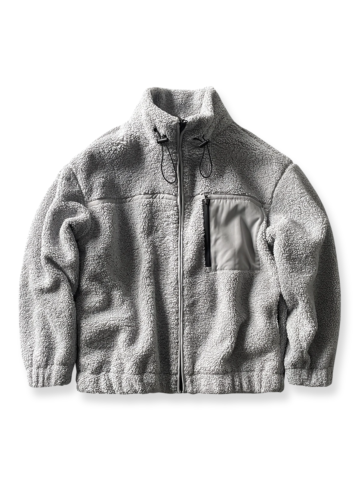 製品画像: ボアフリーススタンドカラージャケットの全体画像、アウトドアやカジュアルスタイルに対応。
詳細画像: 胸元ジッパーポケットのディテール画像、実用性とデザイン性を強調。