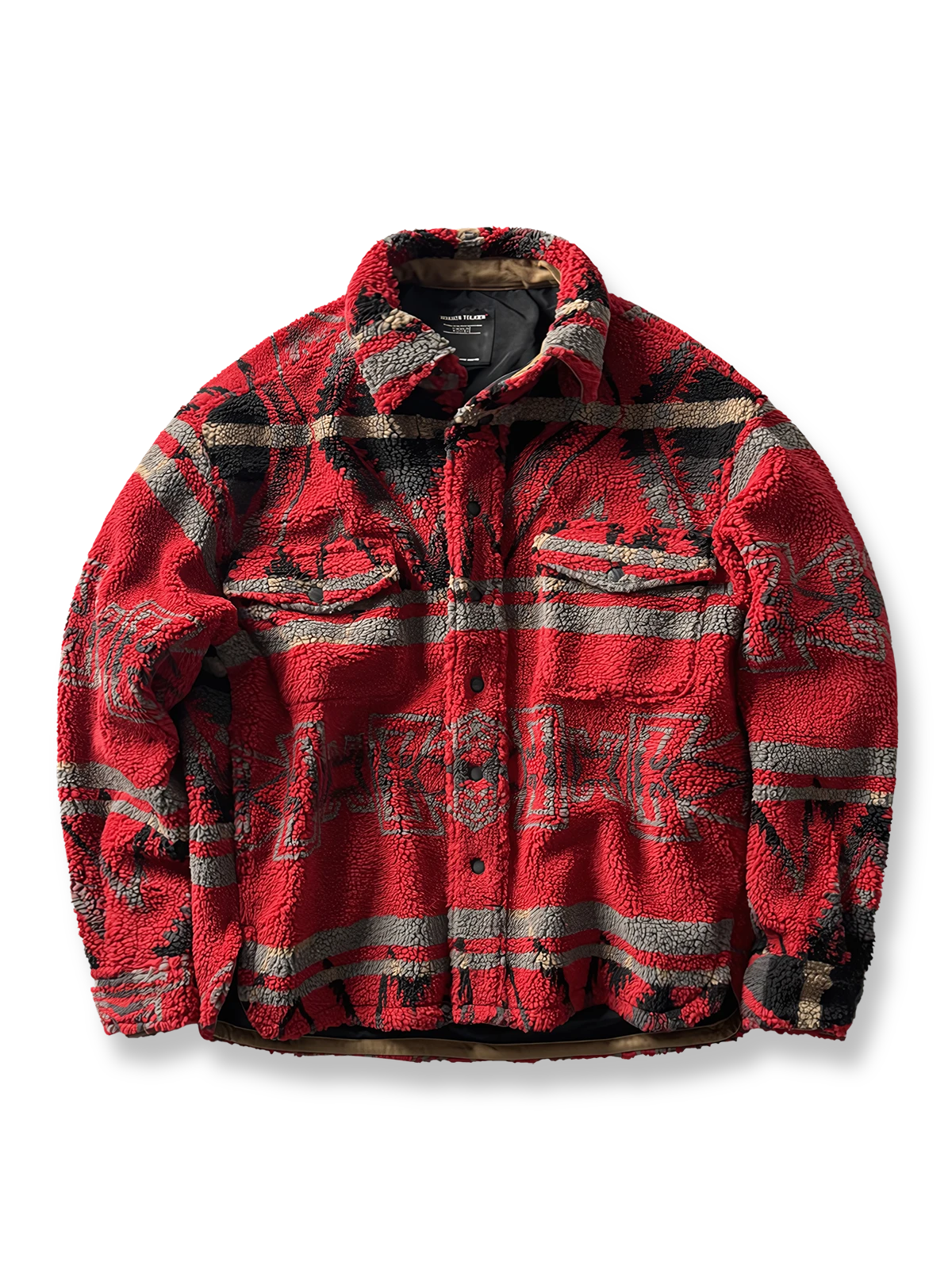 製品画像: ヴィンテージトライバルパターン シープボアシャツの正面画像、トライバルパターンが際立つデザイン。
詳細画像: シープボア素材とトライバルパターンのディテール画像、ヴィンテージ感を強調。