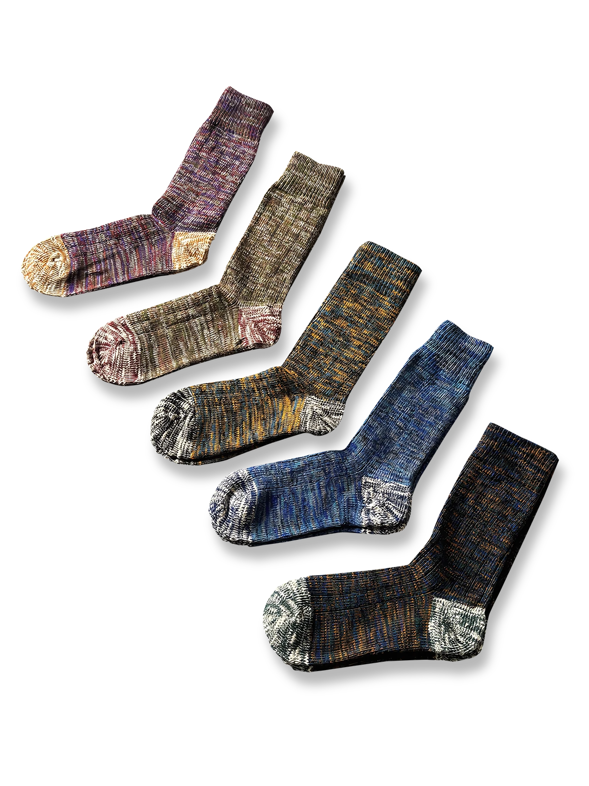 製品画像: カラーミックスヴィンテージロングソックスの5足セット展示、カジュアルで暖かいデザインが特徴。
詳細画像: カラフルなミックス糸で編まれた太糸ソックスのディテール画像、ヴィンテージ感を強調。