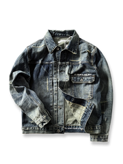 製品画像: ヴィンテージ感あふれるウォッシュ・ダメージ加工セルビッジデニムジャケット全体画像
詳細画像: セルビッジディテールとダメージ加工のアップ、ヘビーウェイトデニム