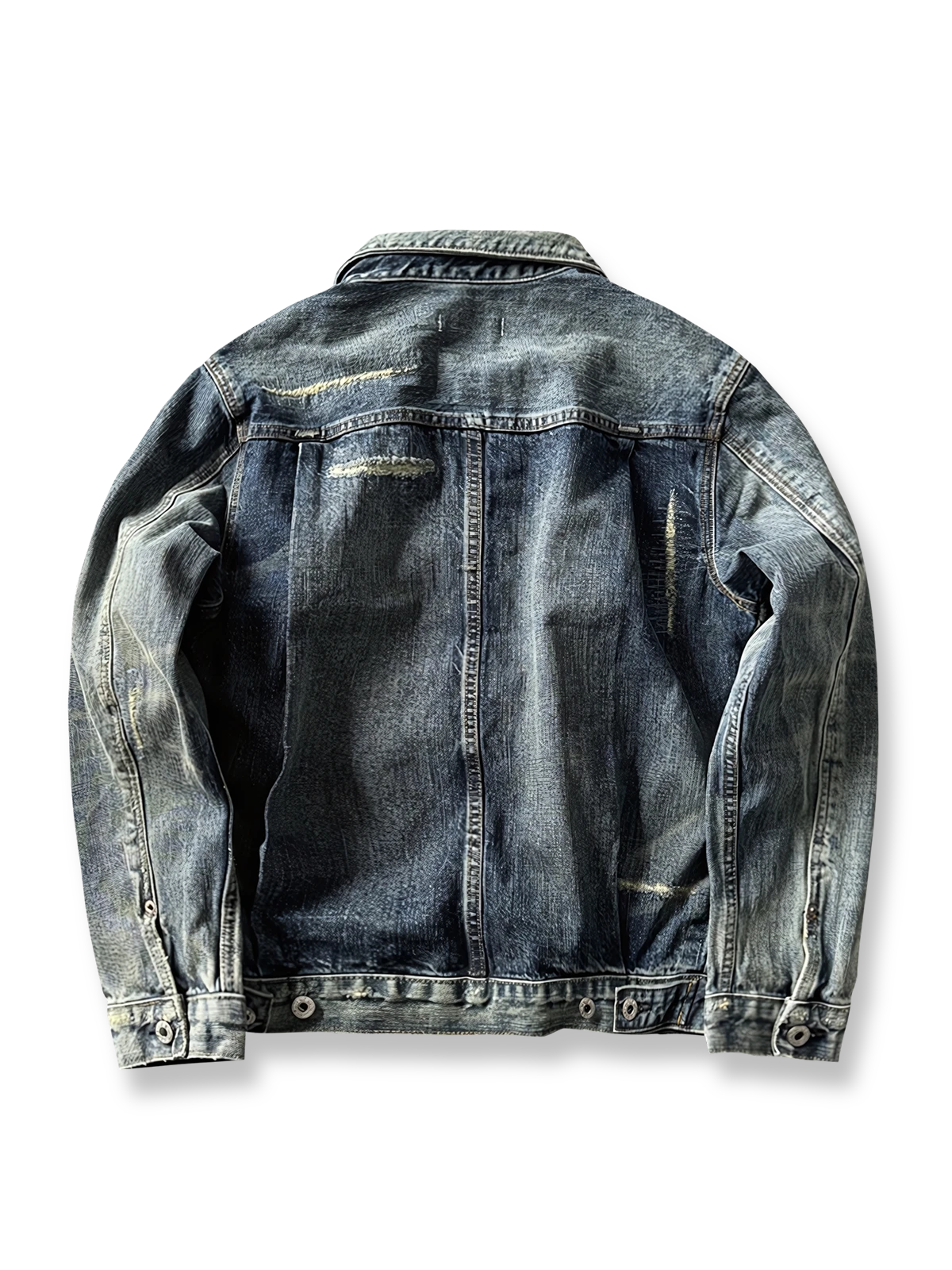 製品画像: ヴィンテージ感あふれるウォッシュ・ダメージ加工セルビッジデニムジャケット全体画像
詳細画像: セルビッジディテールとダメージ加工のアップ、ヘビーウェイトデニム