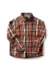 ヴィンテージ風重厚なチェック柄長袖シャツ全体画像、厚手コットン素材とクラシックなデザイン

詳細画像:
チェック柄デザインと胸の二つポケットディテール、ヴィンテージ感あるデザイン