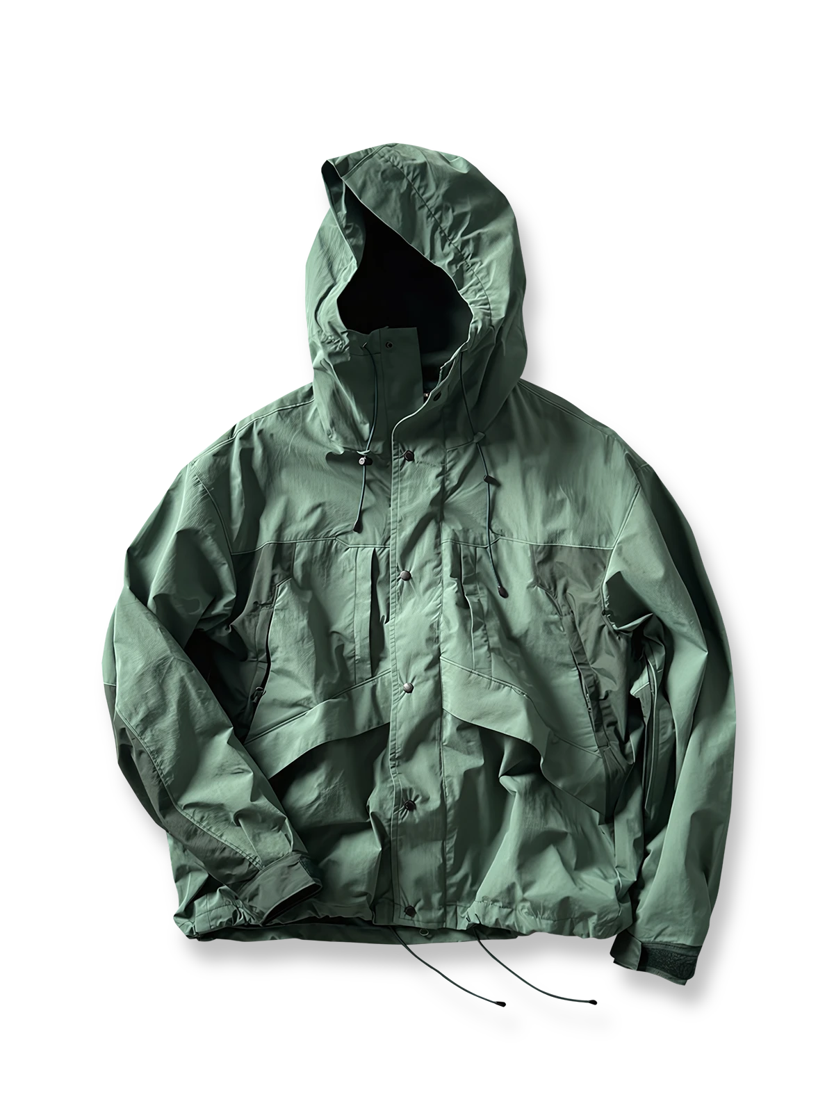 製品画像:
ヴィンテージ風パネルデザインのアウトドアゴアテックスジャケット全体画像。防風・防水性能を備え、アウトドアに最適なデザイン。
詳細画像:
ジャケットのパネルデザインとフードディテール、機能性を高めるディテールのアップ画像。