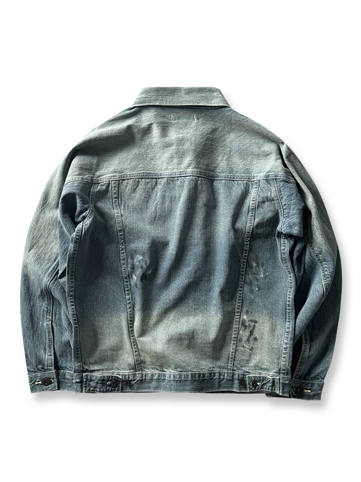 製品画像: ヴィンテージ加工のペイント赤耳デニムジャケットの全体画像、ユニークなペイントデザインが目を引く。
詳細画像: 赤耳デニムのウォッシュ加工とペイントディテールのクローズアップ画像、アーティスティックなスタイルを強調。