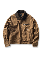 製品画像: アメリカンヴィンテージ加工のショートジャケット正面画像、ルーズシルエットとヴィンテージ感が特徴。
詳細画像: コーデュロイ襟とウォッシュ加工のディテール画像、レトロな雰囲気を強調。