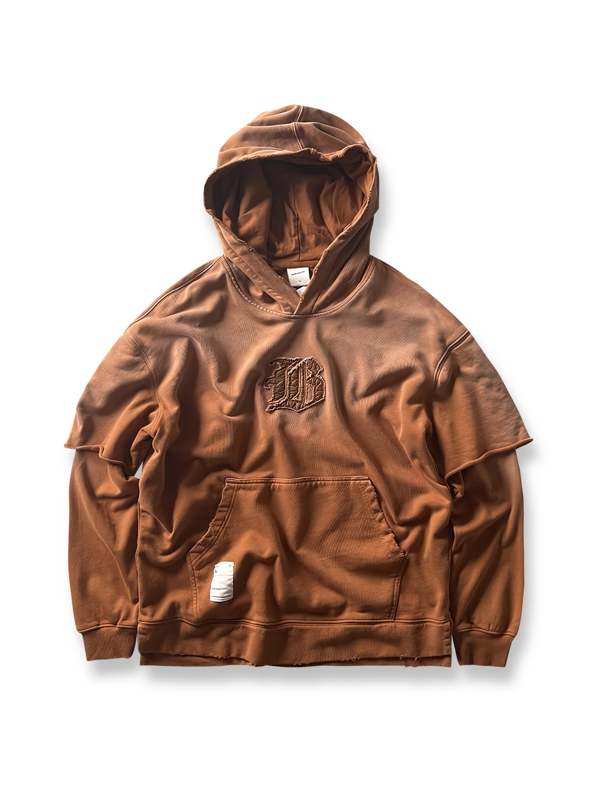 製品画像: ヴィンテージ加工のピグメント染めフード付きパーカーの全体画像、ヘビーウェイトで快適な着心地。
詳細画像: パーカーのピグメント染めとロゴ刺繍のディテール画像、独特の風合いを強調。