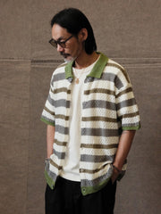 配色ストライプ透かし編みニット半袖カーディガン