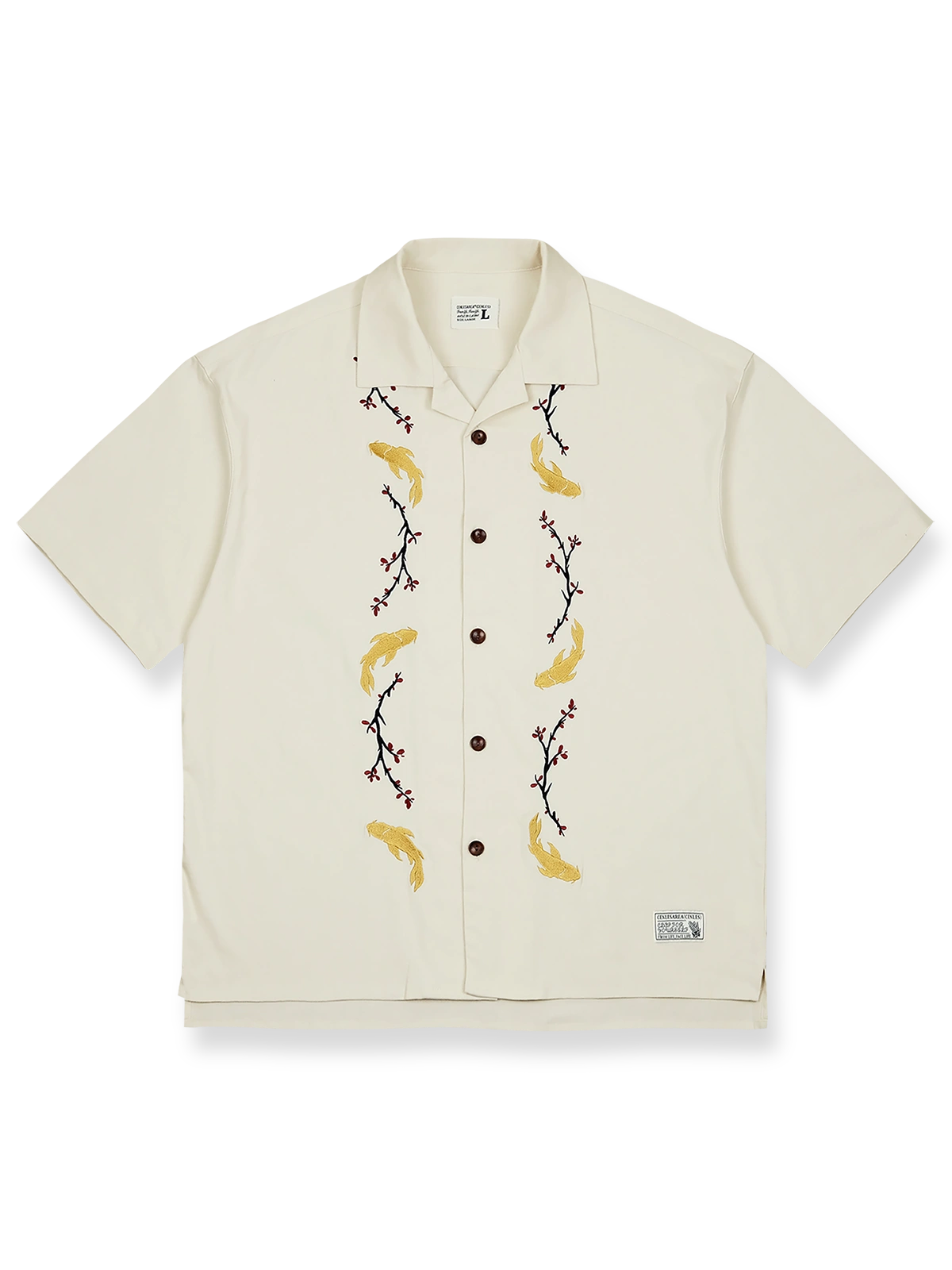 製品画像: ブラウンレッドの梅花錦鯉刺繍キューバシャツ正面展示