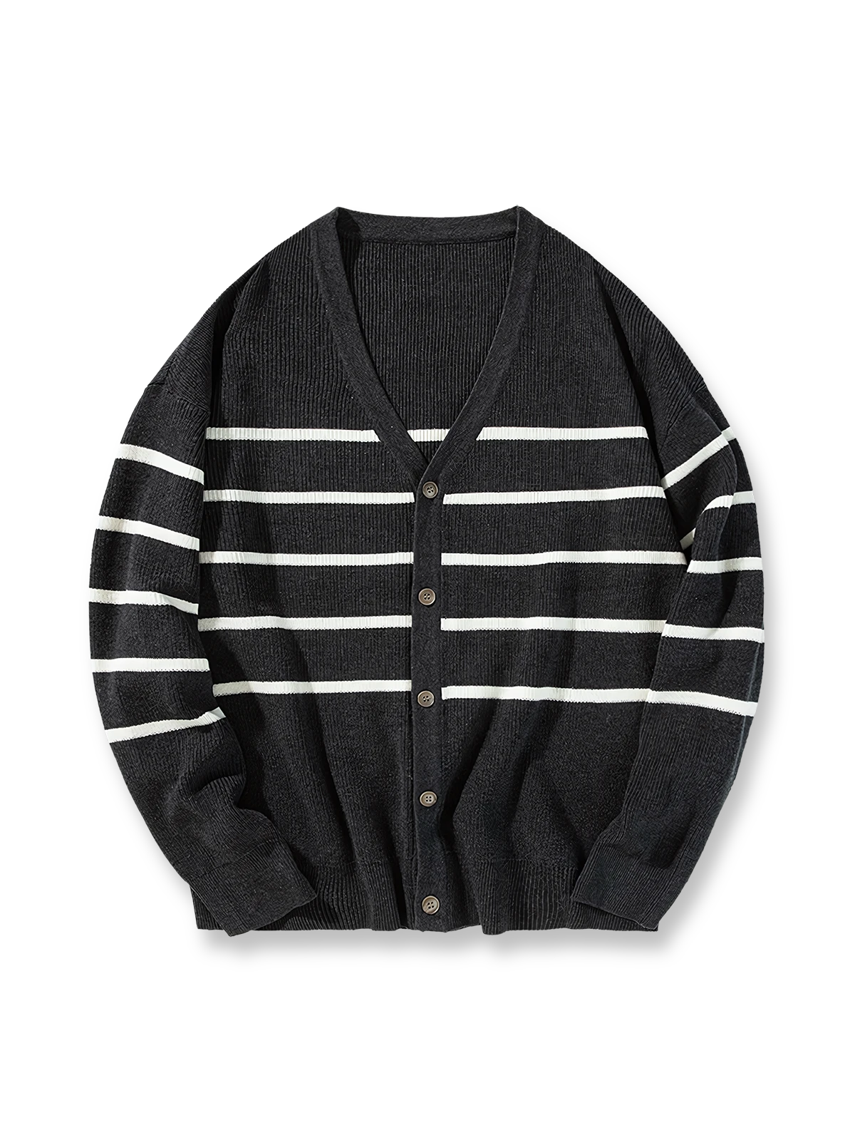 製品画像: クラシックなストライプ柄と柔らかなアクリルコットン素材で仕立てたニットカーディガン全体の外観。
詳細画像: 9ゲージの精密な編み目で仕上げたストライプ柄のディテールと、柔らかなアクリルコットン素材のクローズアップ。
