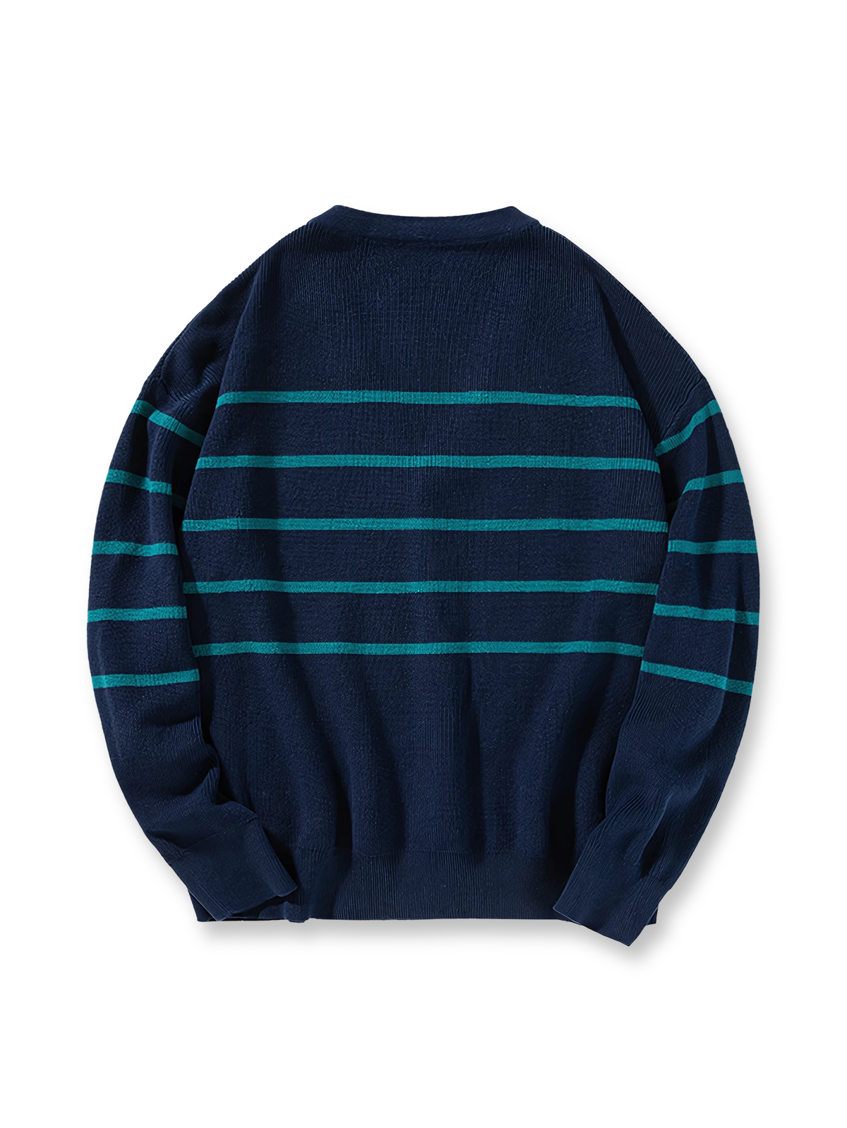 製品画像: クラシックなストライプ柄と柔らかなアクリルコットン素材で仕立てたニットカーディガン全体の外観。
詳細画像: 9ゲージの精密な編み目で仕上げたストライプ柄のディテールと、柔らかなアクリルコットン素材のクローズアップ。