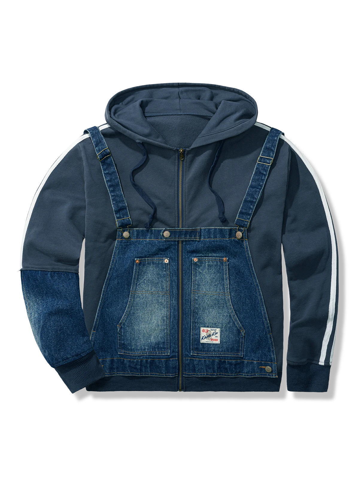 デニムパッチワーク　サスペンダーｘファスナーパーカー