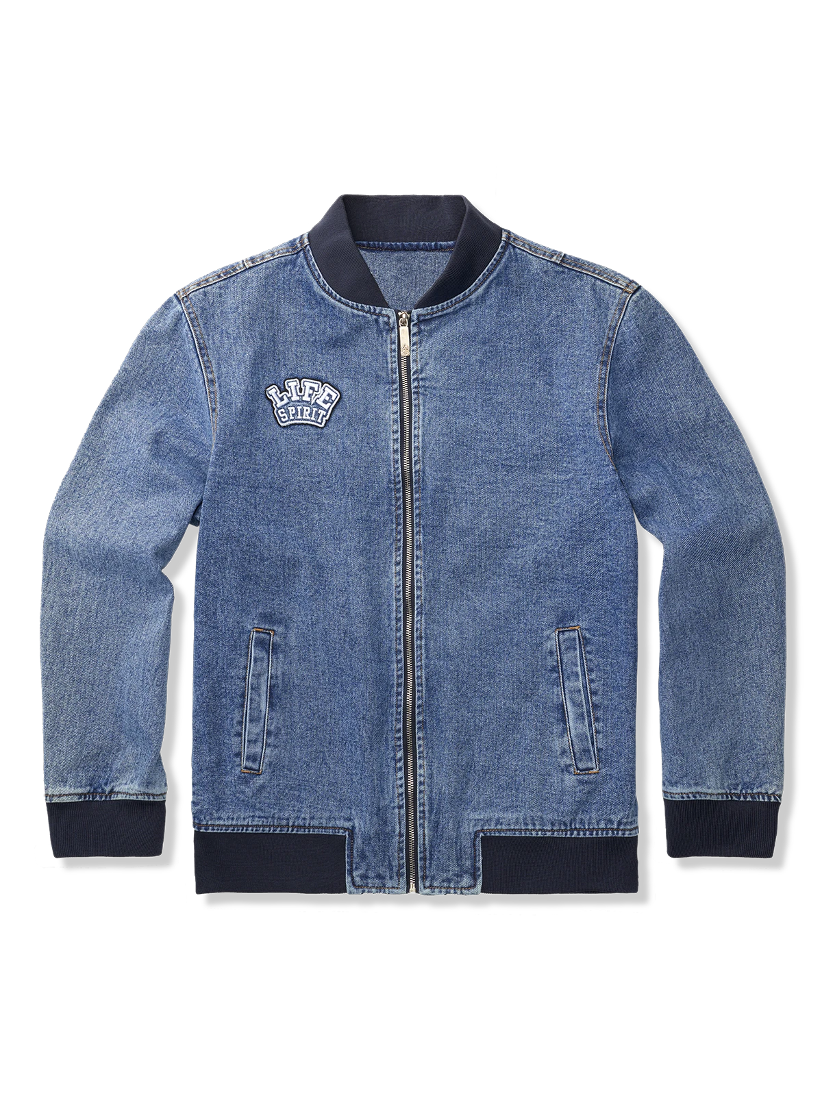 レター刺繍ワッペン付き裏カモ柄デニムスタジャン