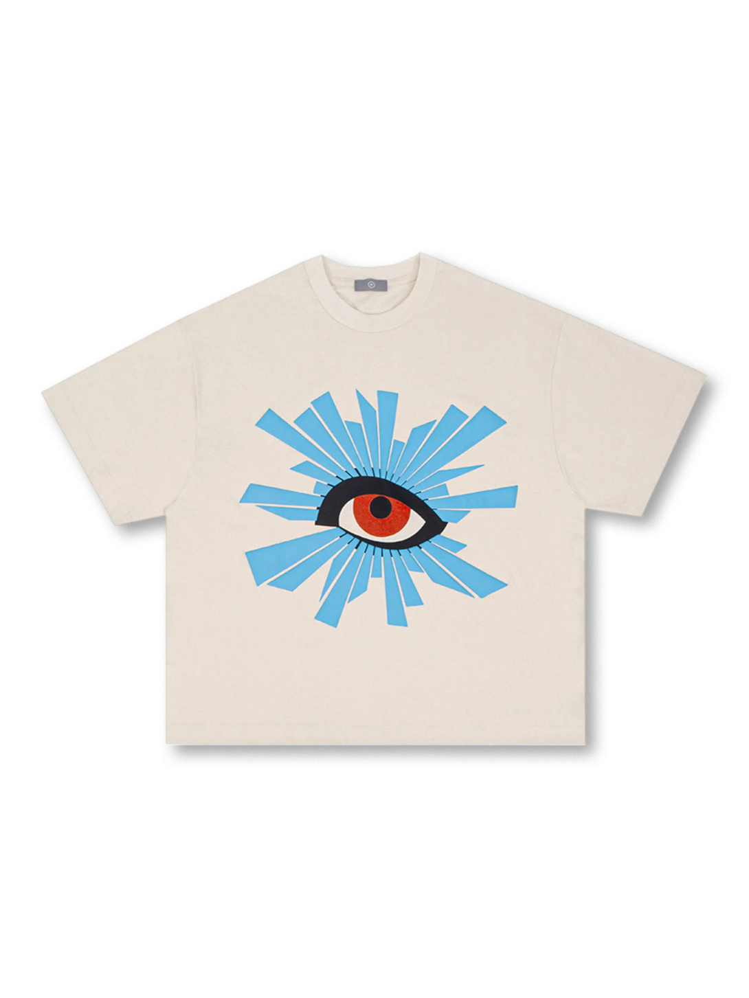 「万物を見通す目」グラフィックを配したブラックTシャツの前面
