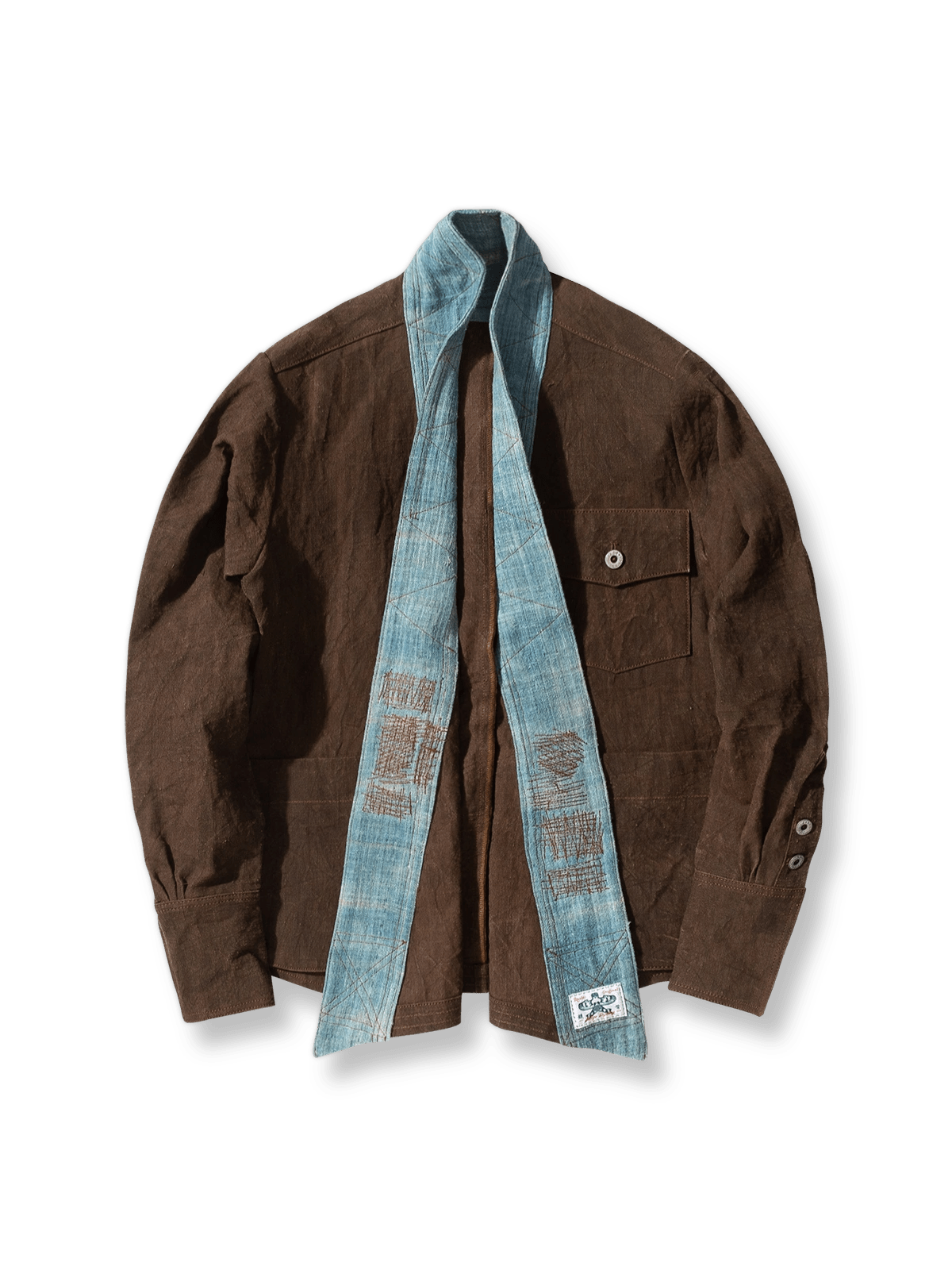 ショリョウ染め古布パッチワーク長袖前開きシャツの正面画像