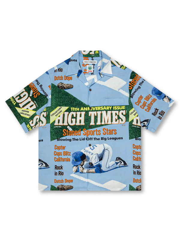 イエローを基調にHigh Times創刊号ポスターグラフィックが全体にプリントされた開襟シャツ
