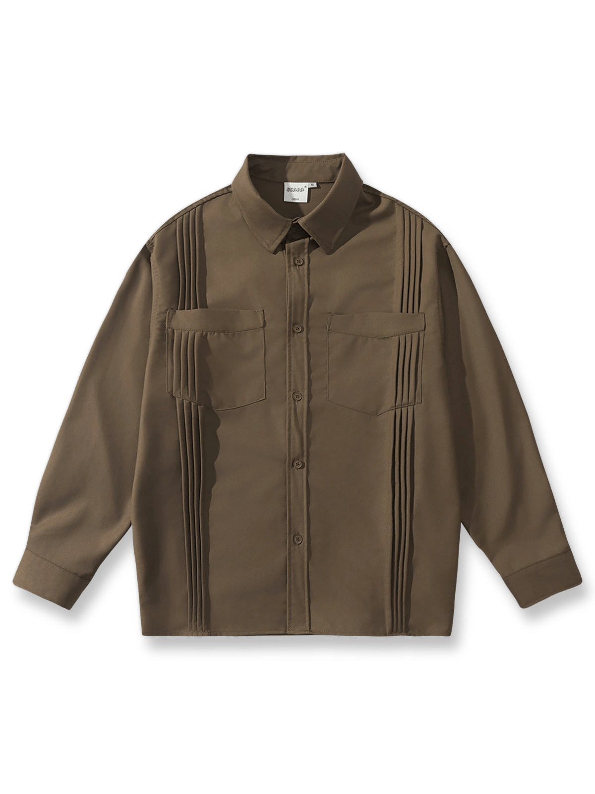 両サイドのアコーディオンプリーツが特徴のテンセルコットン混紡ワークシャツの全体像。