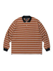 コットンとポリエステル混紡素材のストライプ長袖ポロシャツ。調節可能な裾ドローコードとゴム入り袖口で快適な着心地と防風性を実現。ヴィンテージスポーツスタイルをイメージしたデザイン。