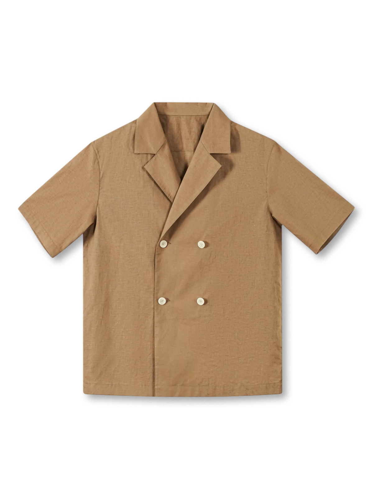 アフリカ文化を象徴する刺繍モチーフと開襟ダブルブレストが特徴の軽量コットンリネン半袖シャツ