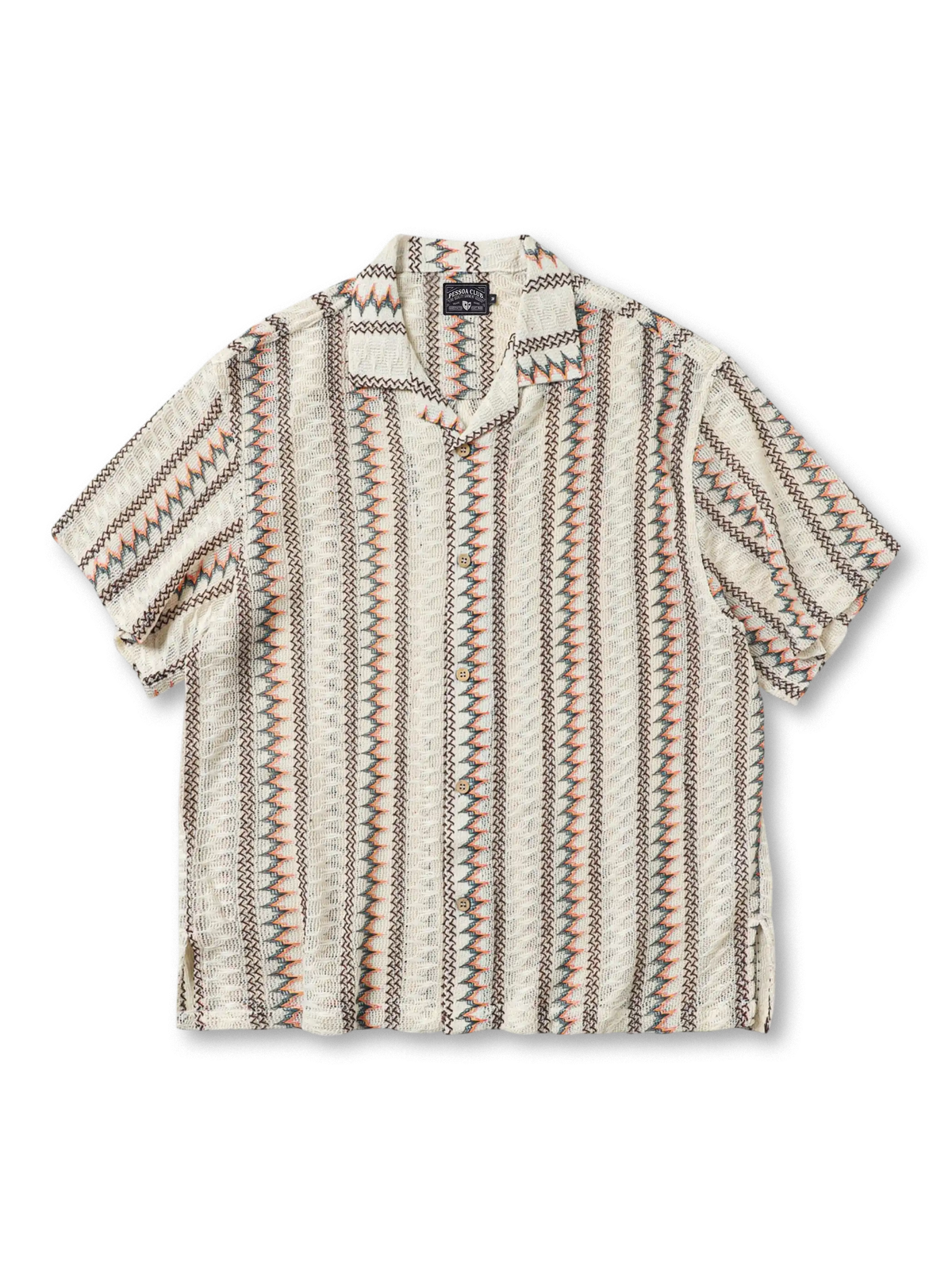 ジグザグストライプのオープンワークが映える軽やかニットシャツ