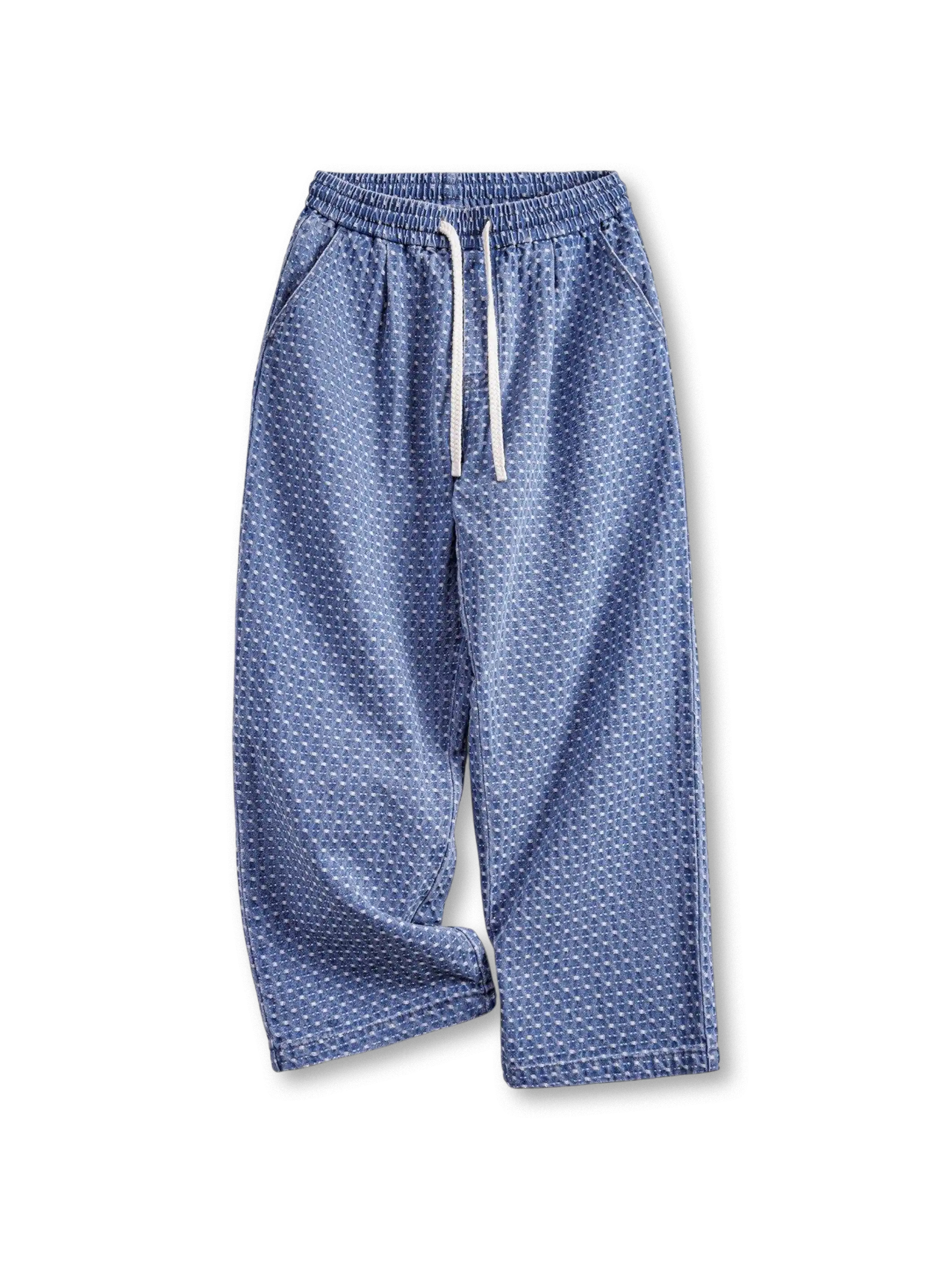 総柄ジャカードの水洗いデニムイージーパンツ、ウエストゴムとドローコード、直筒シルエットで背面パッチポケット付き